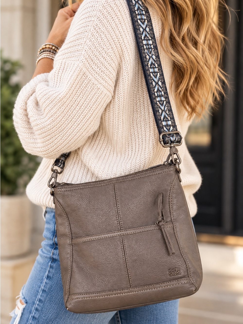 The Sak Taupe Leather Crossbody with Patterned Strap